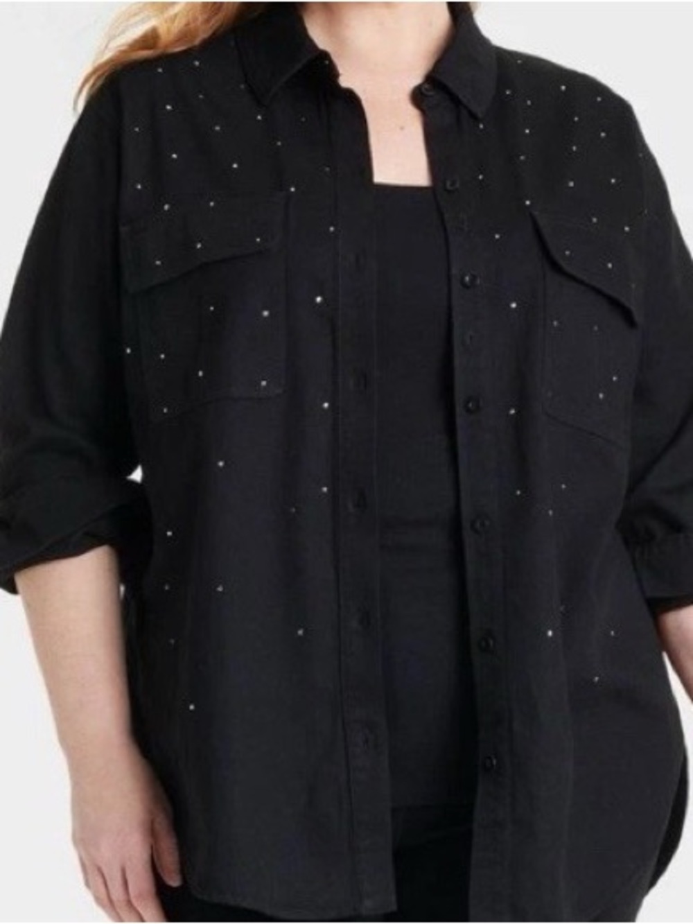 Black Button-Up Shirt with Subtle Rhinestone Stud Detailing XXL
